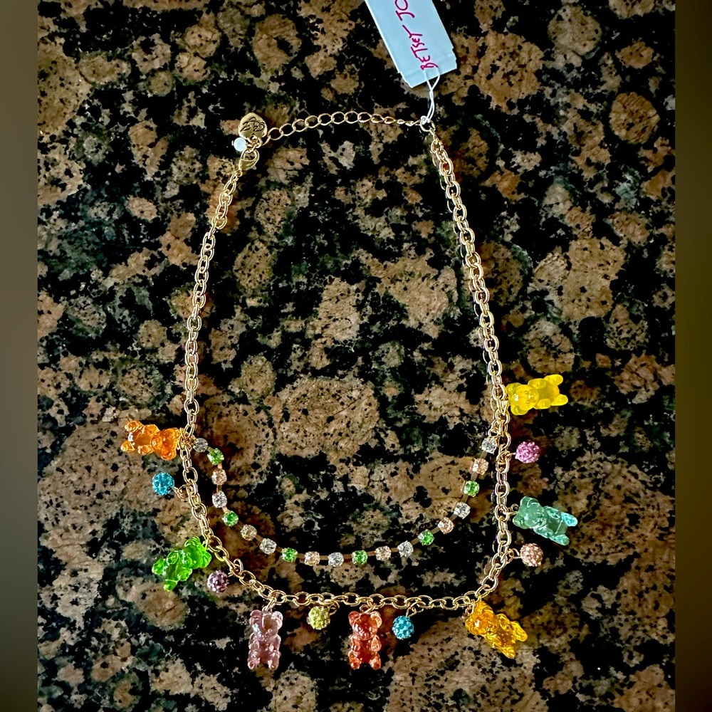 Betsey Johnson Gold Tone Rainbow Gummy Bear Necklace Sparkly Crystals NEW W TAG